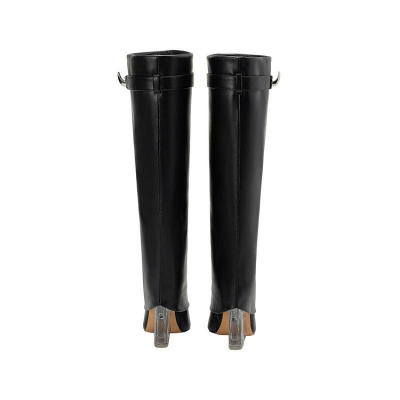 Fashion New Crystal Slope Belt Buckle Decorative Skirts Boots Fashion High Heels Black Red Size 34-43 Knee High Boots Winter Women Shoes