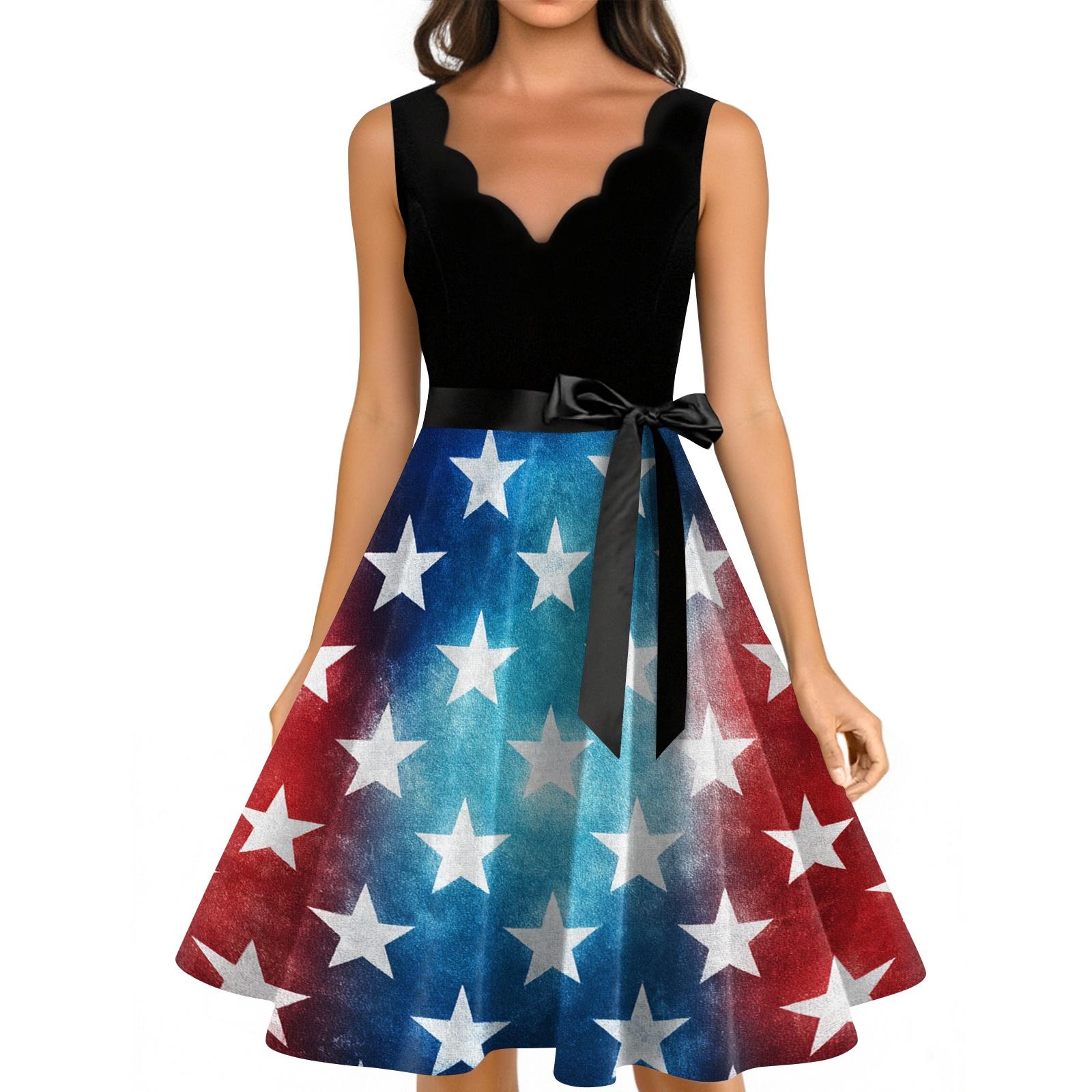 

Women s Casual Fashion Independence Day Printed V-neck Retro Sleeveless Dress M
