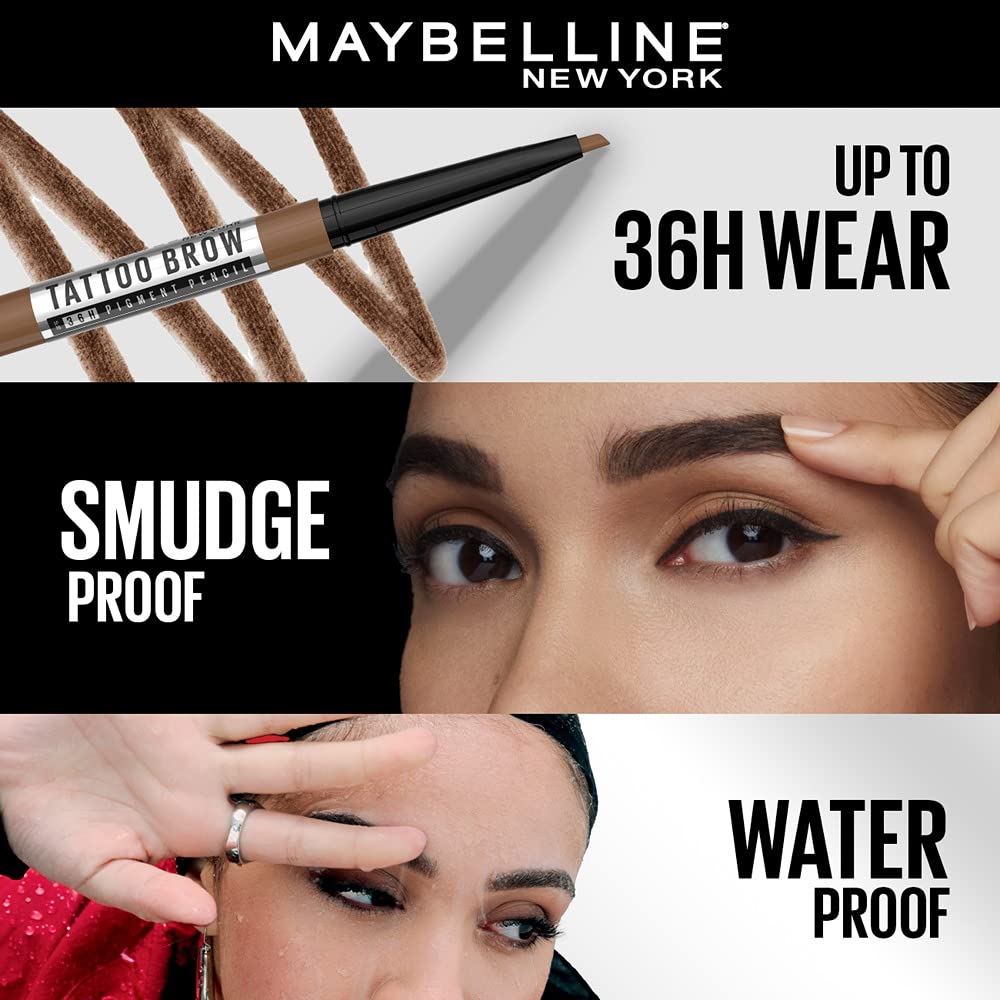 Maybelline New York Tattoo Brow 36h Brow Pencil Natural Brown Waterproof Long-lasting Precision Tip Eyebrow Makeup 0.25 g