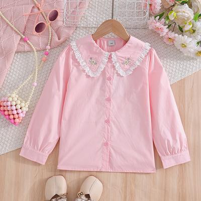 Mädchen Rosa Bluse Lange Ärmel Spitzenkragen Blumenstickerei Niedlich Elegant Schulhemd für Kinder Alter 5-12