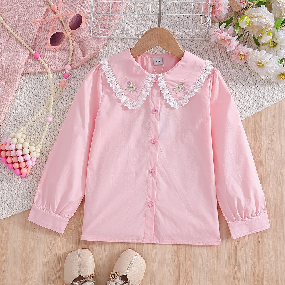 

Розовая блузка для девочек, длинные рукава, кружевной воротник, цветочная вышивка, милая, элегантная школьная рубашка для детей 5-12 лет 160