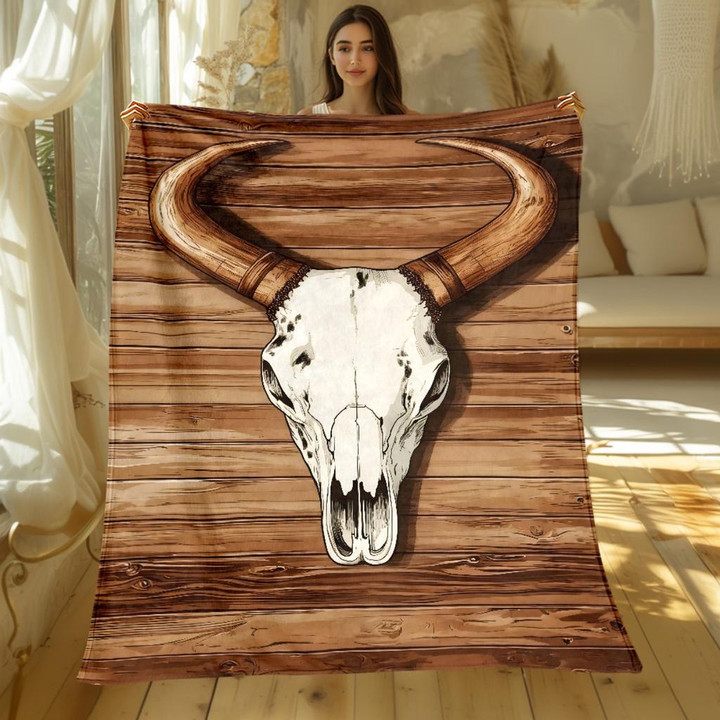 1pc Wooden Bull Skull Pattern Flannel Blanket Rustic Western Style Soft Warm Throw for Bedroom Living Room Decor