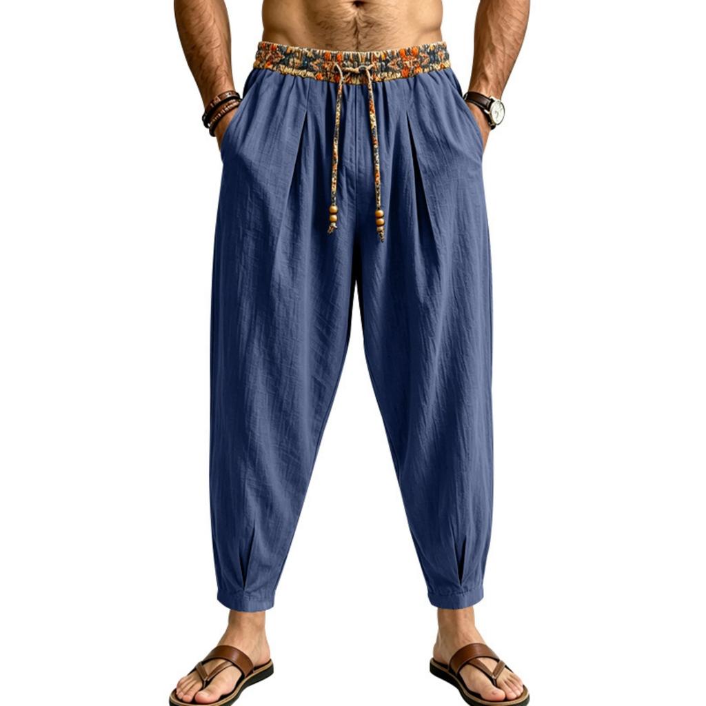 Men's Linen Loose Fit Color Wide Leg Pants with Tapered Hem for Business Casual