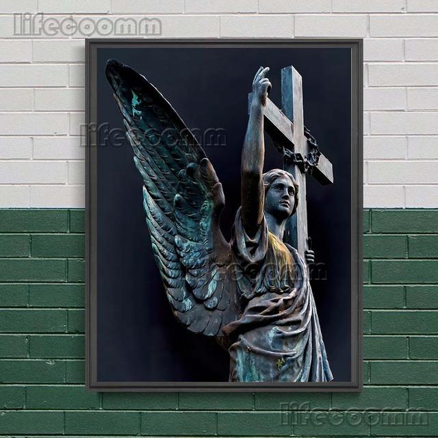 The Statue Of The Holy Angel And The Virgin Guarding The Cemetery Wall Art Canvas Painting Sacred Sculpture Art Poster And Print No Frame