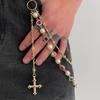 Salircon New Exquisite Luxury Cross Pendant Imitation Pearl Keychain Belt Chain Men Punk Trousers Jean Chain HipHop Jewelry Gift
