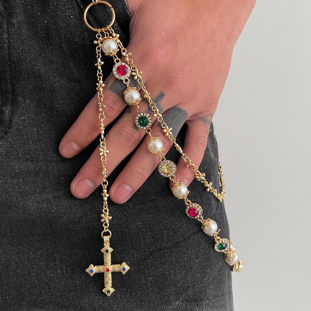 Salircon New Exquisite Luxury Cross Pendant Imitation Pearl Keychain Belt Chain Men Punk Trousers Jean Chain HipHop Jewelry Gift