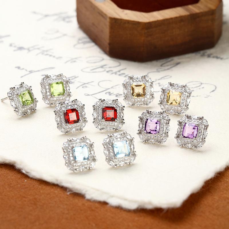 New Natural Stone Square Earrings S925 Sterling Silver Non-fading Stud Earrings for Women, Niche Temperament Accessories for Women