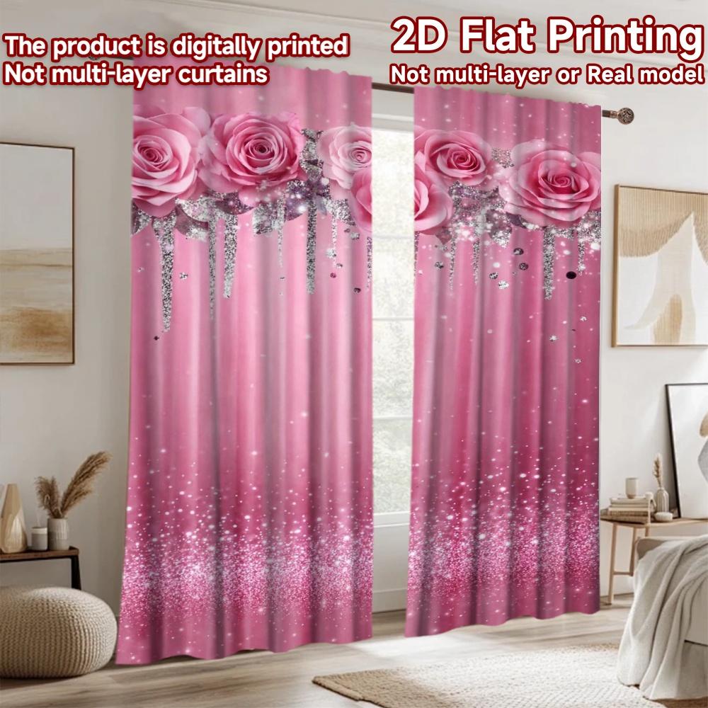 2D flat printing 2pcs Curtain Window Curtains Birthday Pink Roses Sparkle Digital Printed Polyester Drapes Party Decorations Use