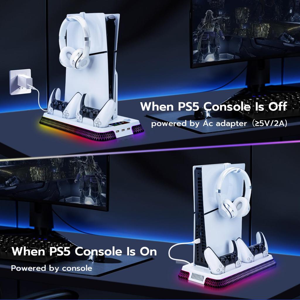 Mcbazel PS5 Slim Compatible Cooling Fan Dual Controller Charging Station with RGB Lighting and Headset Compatible with Both Disc and Digital Cooling