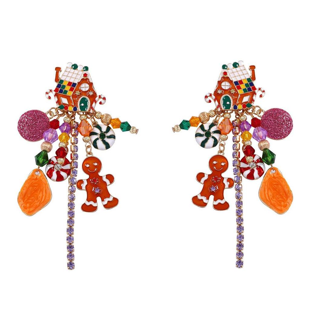 Colorful Christmas Earrings: Cartoon Little Man, Holiday House & Candy Pendants