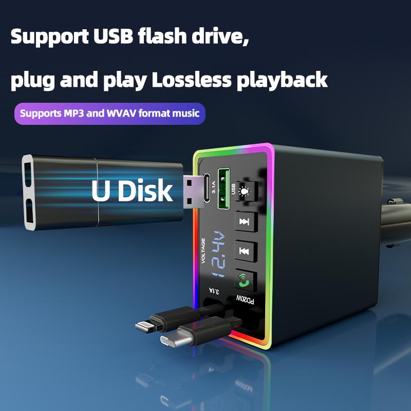 Car Bluetooth MP3 FM Transmitter 4-in-1 120W Fast Charge Retractable Cable Car Charger with Colorful Light Built-in Media Player