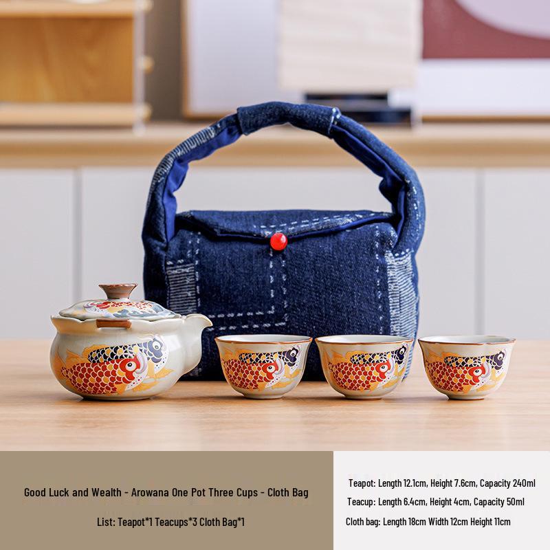 

Good Luck Dragon Fish Ceramic Quick-Brew Travel Tea Set - 1 Pot, 3 Cups, Portable Jun Ware Design for Outdoors