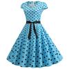 Retro Women's V Neck Short Sleeve Polka Dot Print Lace Up Waist Dress