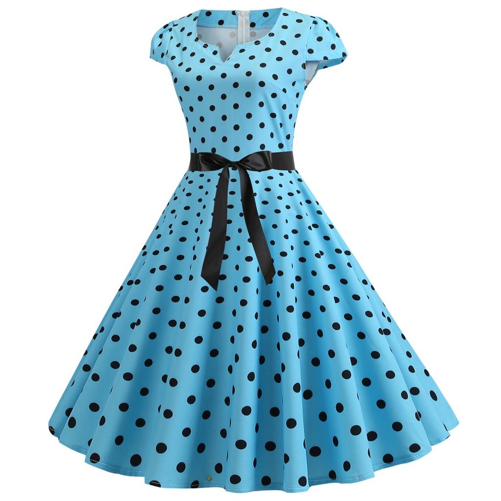 Retro Women's V Neck Short Sleeve Polka Dot Print Lace Up Waist Dress
