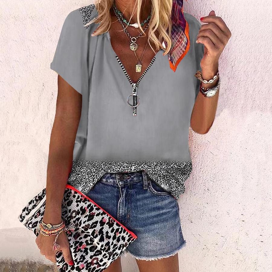 

Женский топ, летний новый модный топ с синим узором и цветком розы, повседневный топ на молнии с v-образным вырезом и короткими рукавами 6XL серебряный