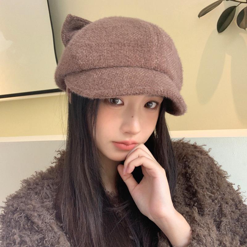 Autumn and winter hat women's cute cat ear duck tongue velvet thermal hat fashionable versatile octagonal hat painter hat