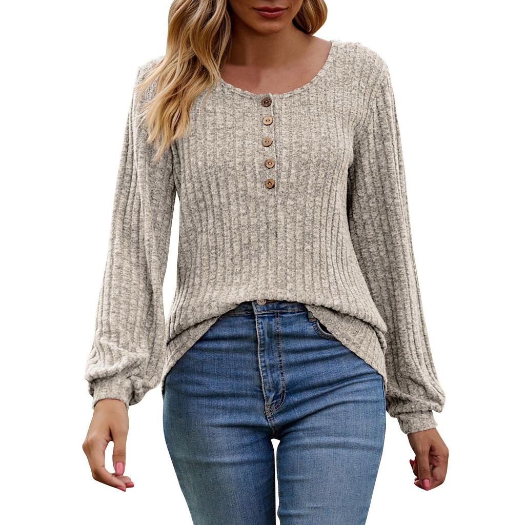 Women'S Round Neck Casual Fashion Solid Color Button Long Sleeved T-Shirt Top Top Blusa Elegante Feminina