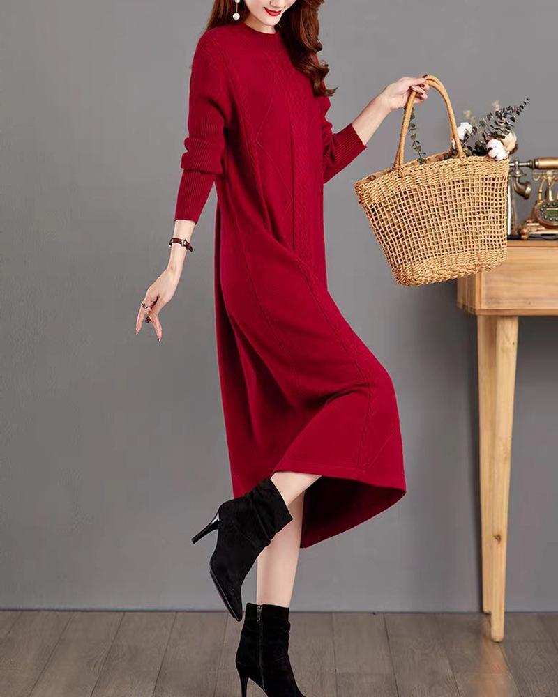 Herbst-Winter 2025 Lockerer Zopfmuster-Wollkleid