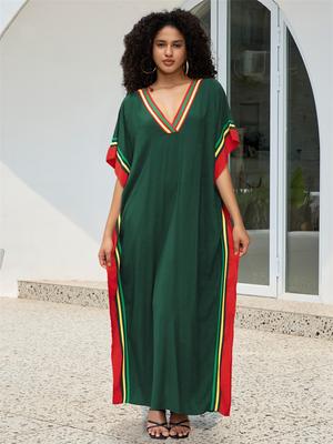 Dark Green Printed Relaxed Kaftan Women's Robe Kaftan Outfit Vacation Boho Swimsuit Cover-up Caftan Homewear House Dress Q1615