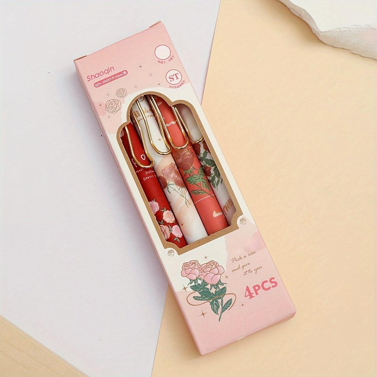 

4 шт. Гелевая ручка с романтическим узором розы, Школьные и офисные письменные принадлежности, Ручка, Подарочные канцелярские товары, Школьные принадлежности, Плавное письмо (Черные чернила)