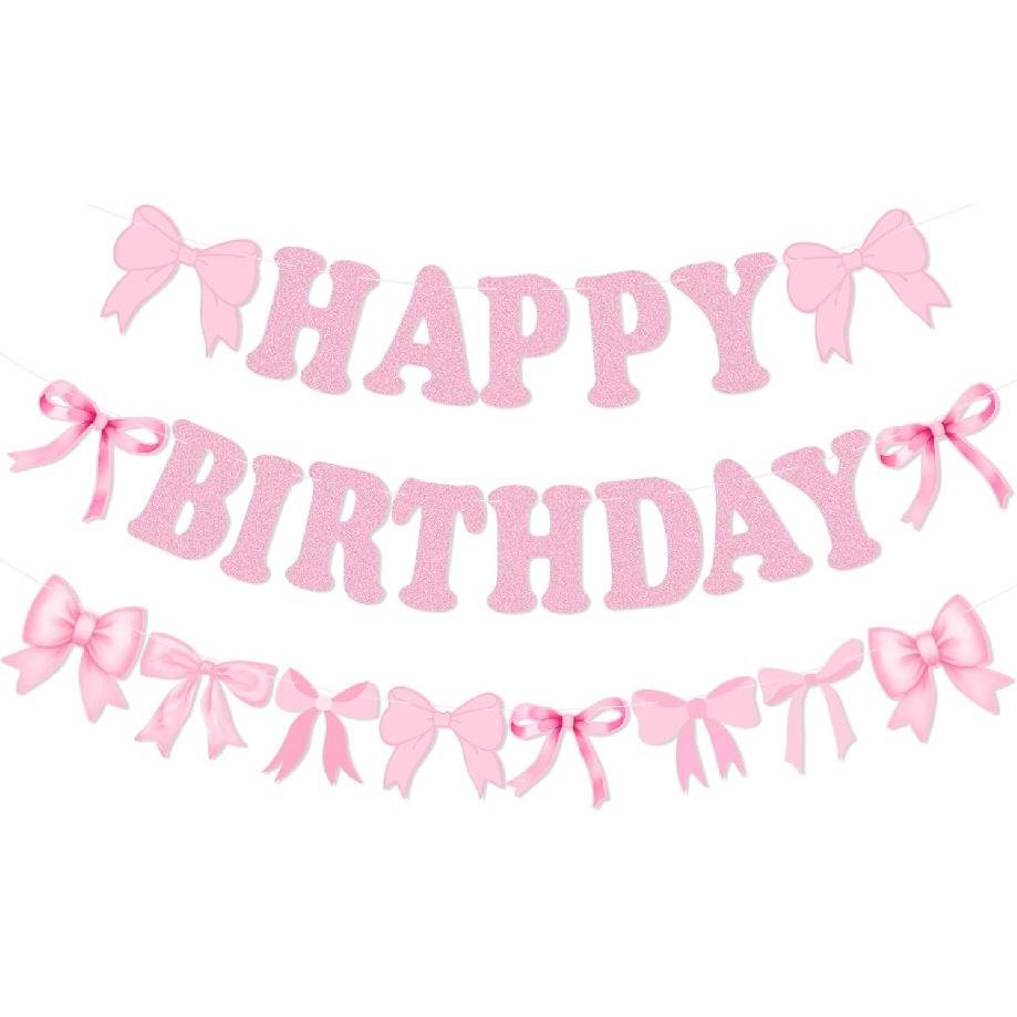 Bow Happy Birthday Banner, Pre-Strung Pink Bows Garland for Women Girls Bow Birthday Party Decorations, Bow Party Decor