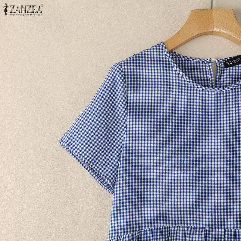 ZANZEA Rochie casual pentru femei, cu gât rotund, mânecă scurtă, imprimeu carouri