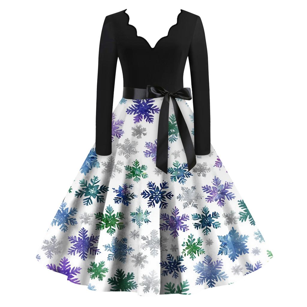 Damen Lässig Und Modisch V-Ausschnitt Langärmlig Weihnachten Bedrucktes Kleid