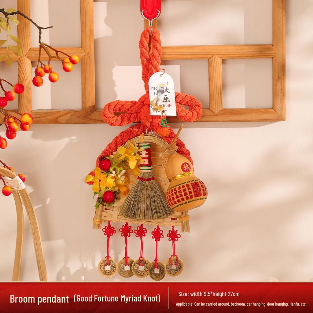 2025 Mid-Autumn Festival Broom Pendant with Wanzi Knot & Gourd Decor for Front Door