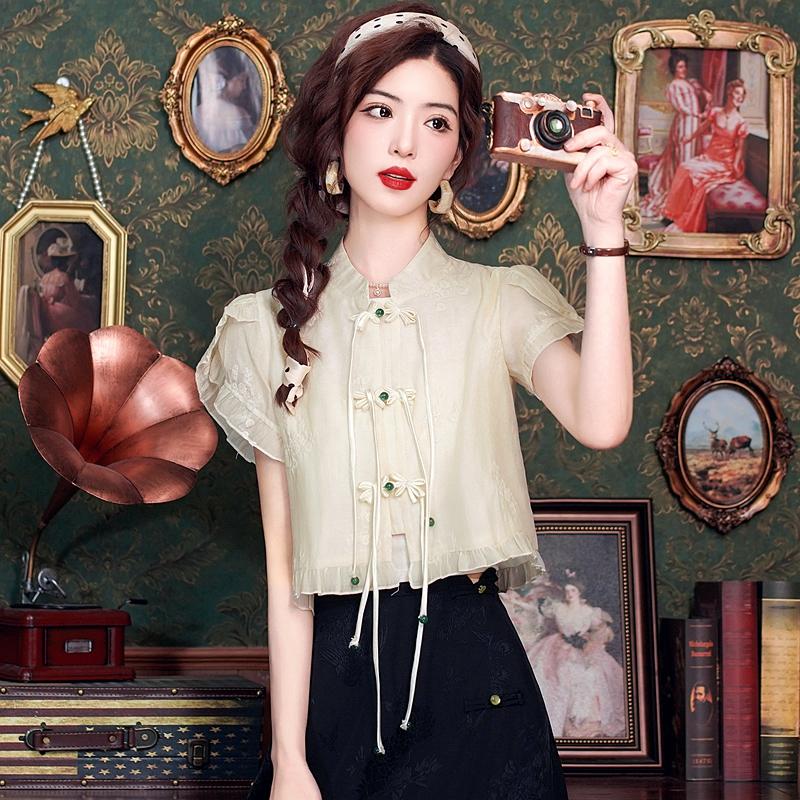 Fashion New Summer Chinese Style Short Sleeve Stand Collar Embroidery Chiffon Blouse Shirt Women Tops J388