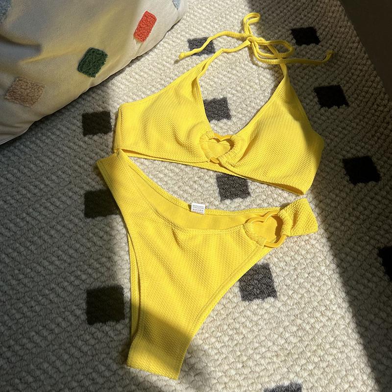 Sexy Halter Solid Color Bikini 2 Piece Set New Summer Swimwear Bikini Set Women Split Swimsuit High Waist Beach
