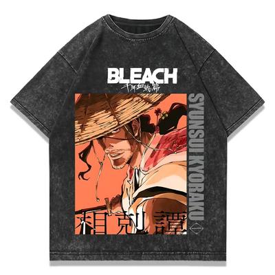 Manga BLEACH Kyoraku Shunsui Printed Tee Men Short Sleeve Clothing Washed Cotton T-shirt Vintage Casual T Shirt Harajuku Tshirt