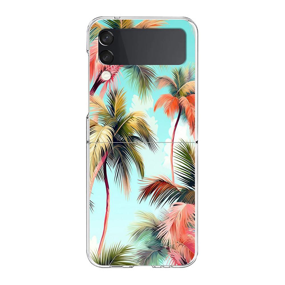 Phone Cover For Samsung Galaxy Z Flip 7 6 5 4 Case Transparent For Samsung Z Flip 3 Hard PC Foldable Sunset Coconut Tree Pattern