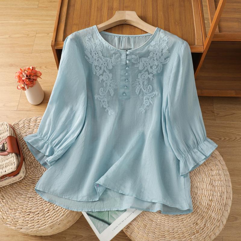 2026 Artistic Summer Embroidered Top: Soft, Breathable, Loose Fit with Ruffle Cuffs