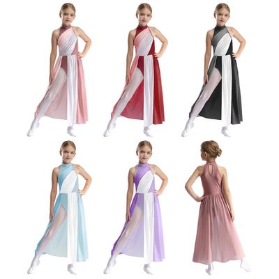 Elegante vestido lírico con bloques de color, espalda con abertura y dobladillo asimétrico para competiciones de baile de niñas.