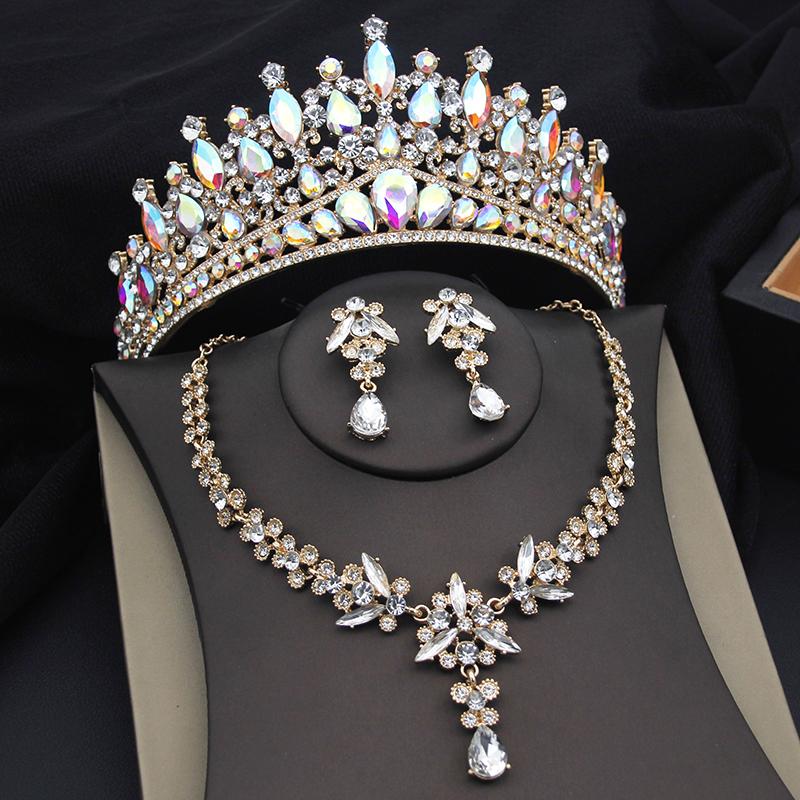 Purple Crystal Tiaras and Necklace Earrings Crown Bridal Sets Jewelry Princess Queen Bride Wedding Dress Costume Accessories