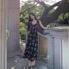 French Style Retro Floral Dress Women's Summer New Flying Sleeve Tight Waist Slimming A- Line Long Dress