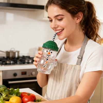 Yousheng Christmas Glass Tumbler Snowman Penguin Deer Drinking Cup Juice Milk Mug Reusable Holiday Water Bottle for Kids