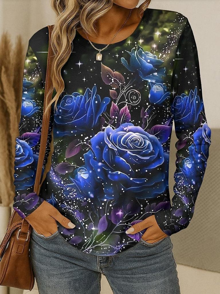 Damski T-shirt 3D Elegancki Wzór Kwiatowy Róży Modny Długi Rękaw Okrągły Dekolt Regularny Top Wakacje Weekend Wiosna Jesień