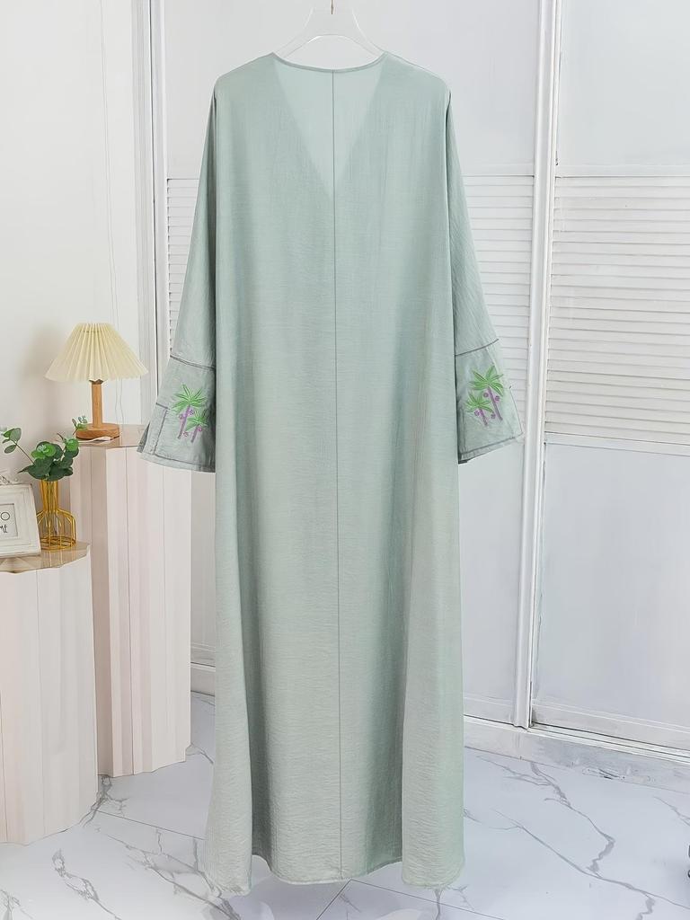 Elegant Light Green Floral Embroidered Abaya - Long Sleeve Maxi Dress In Polyester Fabric
