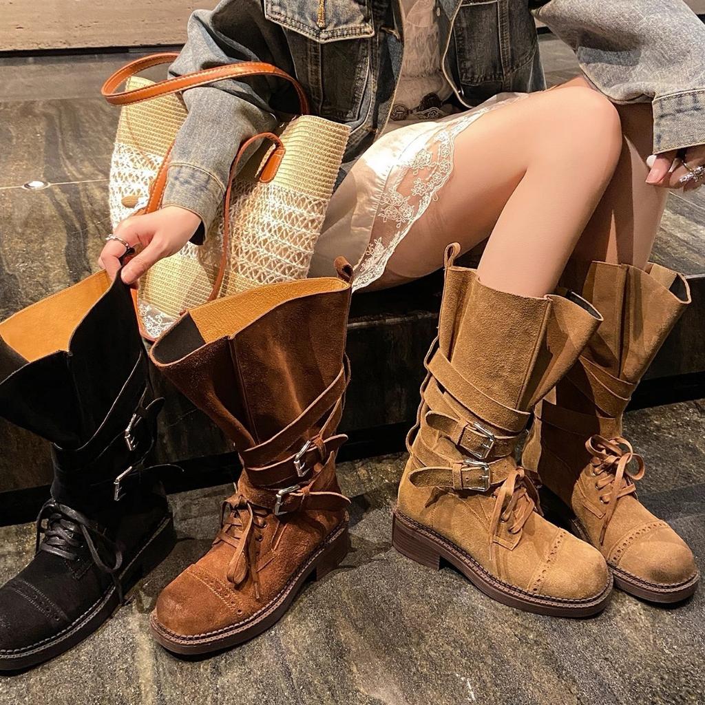 Cowhide version~ Retro knight boots women's thick-soled thick-heeled Martin boots belt buckle mid-tube western cowboy boots locomotive boots