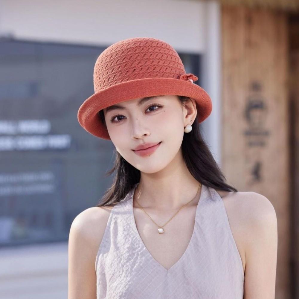 Round-Top Sun Hat Polyester Bucket Hat High-End Hepburn-Style Middle-aged Mother Hat Vacation
