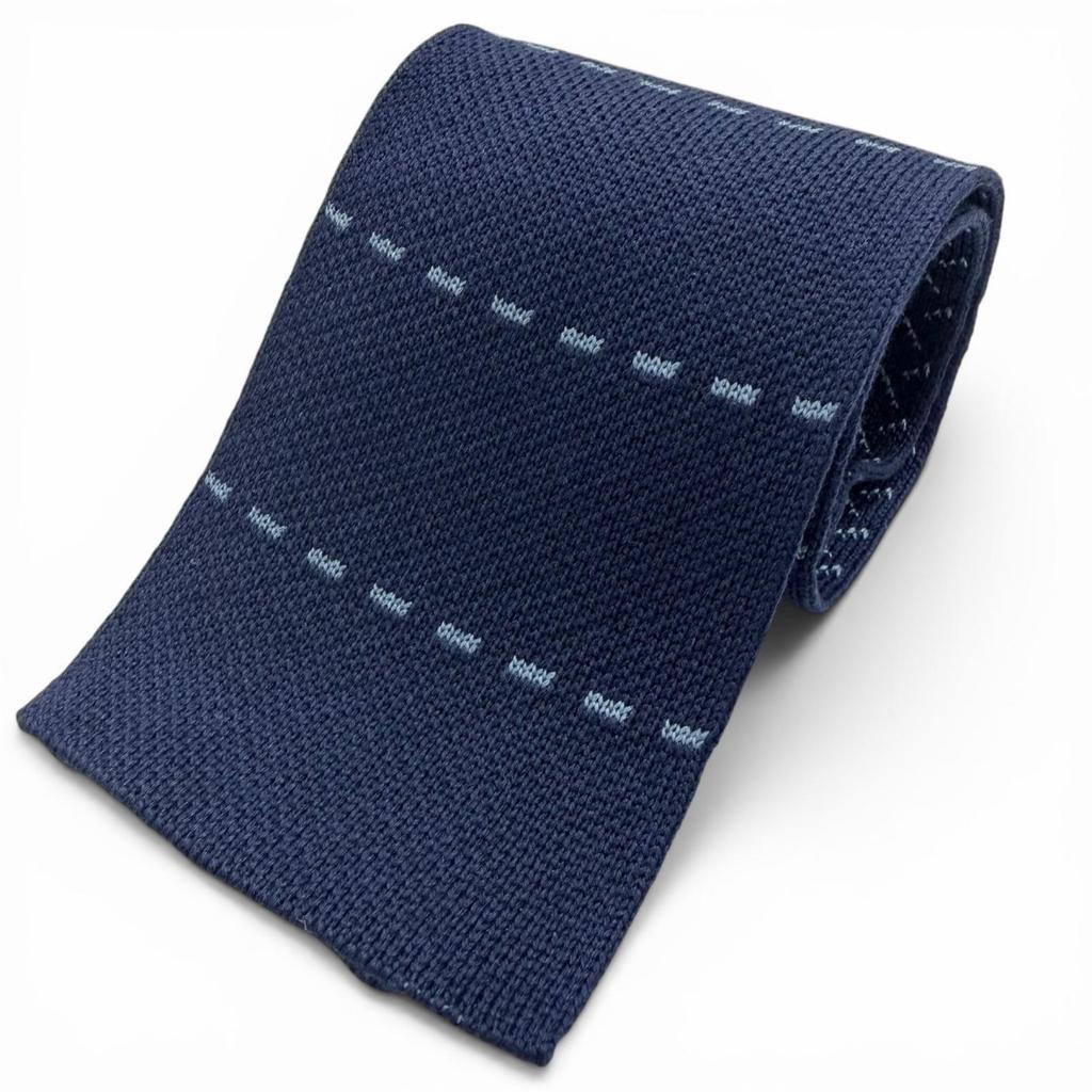 Excellent HERMES Tie Border Cross Pattern Knit Tie Reversible Navy Silk Mens Used