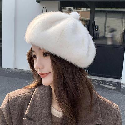 Women Fluffy Fur Beret Cap Solid Color Plush Warm Octagonal Hat for Lady Female Casual Anti-Cold Mink Velvet Pumpkin Hats