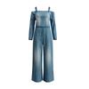 Damen schulterfrei weiter Bein Denim Jumpsuit verstellbarer Träger lockere Passform Latzhose lässige lange Hose