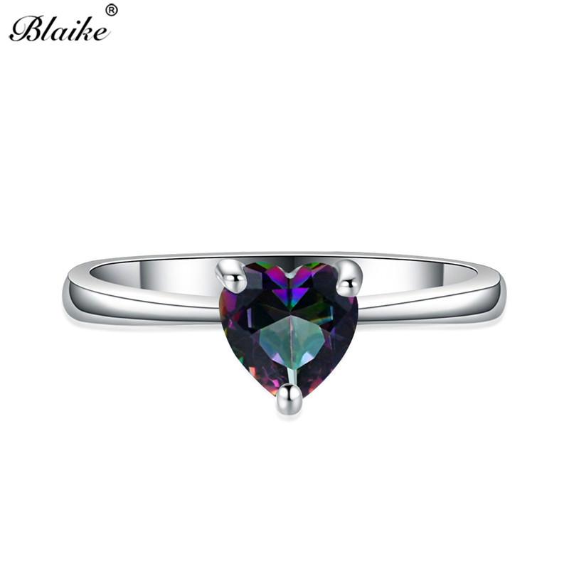 Мистический Огонь Белый Синий Опал Камень Радужный Циркон Сердце Кольца Для Женщин Серебряный Цвет Камень Рождения Тонкое Кольцо Обручальные Кольца Украшения 6