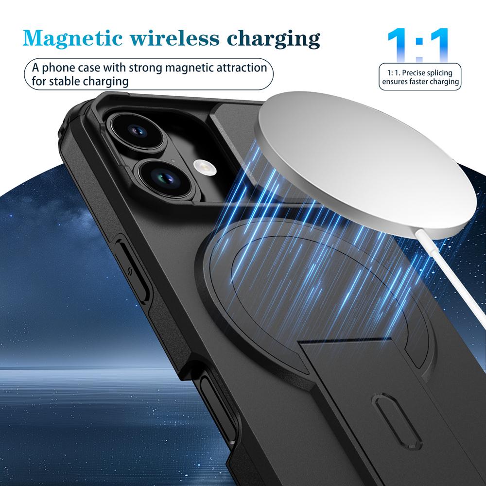 KEYSION Shockproof Armor Magnetic Case for iPhone 17 16 Plus Slide Camera Protect Kickstand Wireless Charging Phone Back Cover