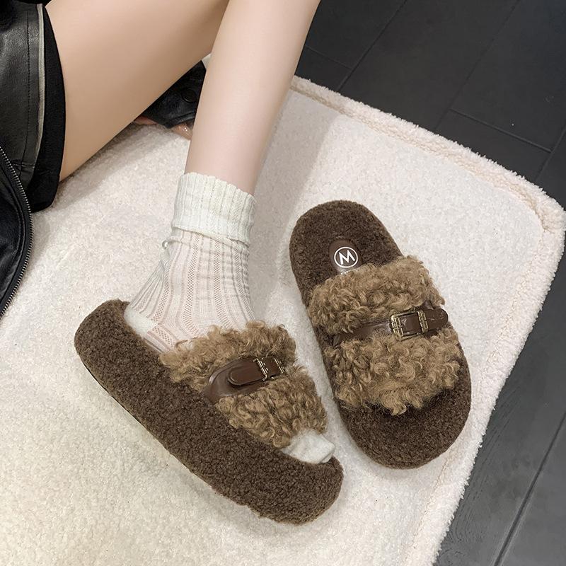 Thick-soled fluffy slippers women wear fleece non-slip Internet celebrities word autumn and winter 2025 new thermal cotton slippers