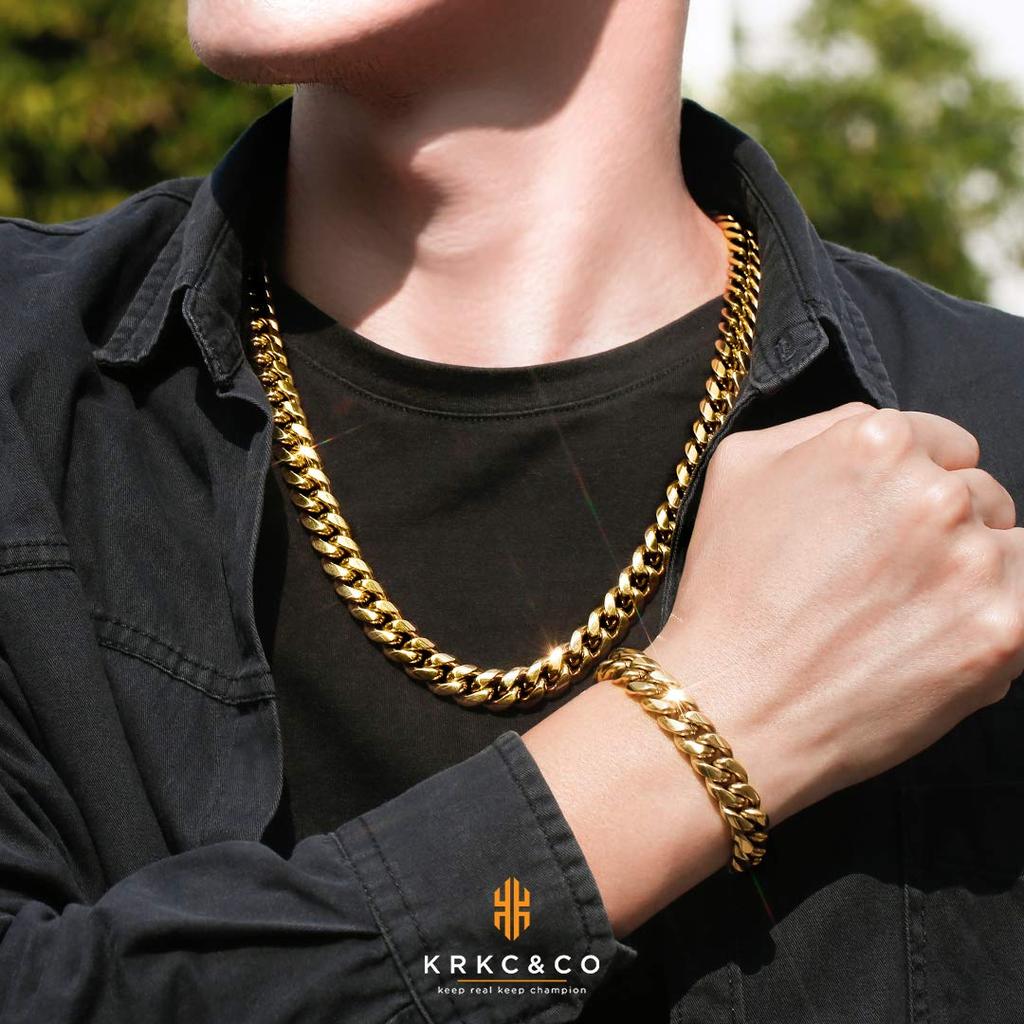Cuban Link Necklace Bracelet for 12mm Miami Cuban 18k Cuban HIPHOP Christmas Gold [ARINO] SetKRKC&CO & Men, Wide, Chain, Gold, Link, Style, Gift,