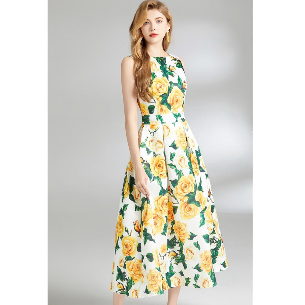 Sommermote Gul Rose Jacquard Sommerkjole Kvinner Elegant Ermeløs Slank drapert Festballkjole One Piece Tank Kvinnelige Klær