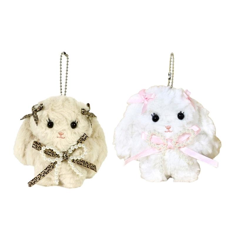 Lovely Bowknot Rabbit Keychain Plush Animal Shaped Keyring Student Bag Charm Backpack Accessory for Fashionable Women